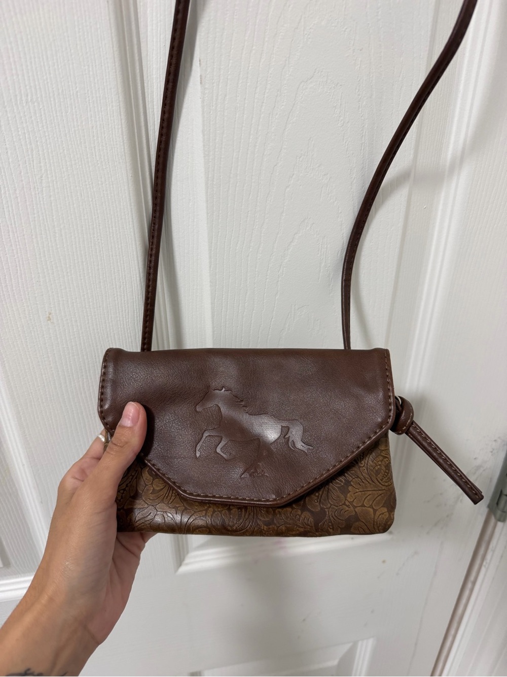 Brown Western Tooled Leather Horse Crossbody Bag Boho Vintage Style